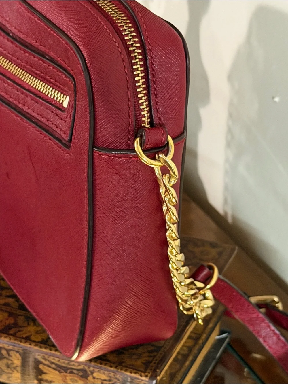 Michael Kors Large EW Saffiano Leather Crossbody Bag Cherry Red Gold Chain